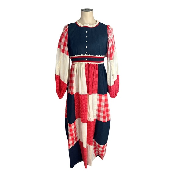 Vintage 1960s 70s Marianne Red Blue Patchwork Prairie Maxi Dress // XS S 2 4 6 - Picture 2 of 8